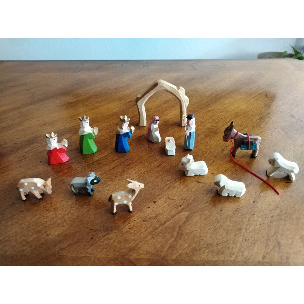 Vintage Lillian Vernon Nativity Mini Carved Set 14 Wood 'Missing Joseph' 1980s